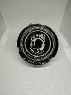 POW MIA Ashtray Trinket Dish Black Glass.